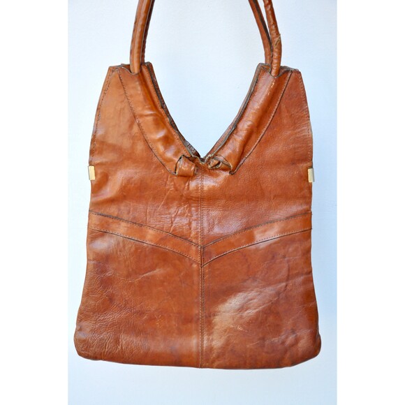 80s Brown Leather Shoulder Bag - by Louise Fontaine Bruxelles - Distressed - Picture 4 of 10